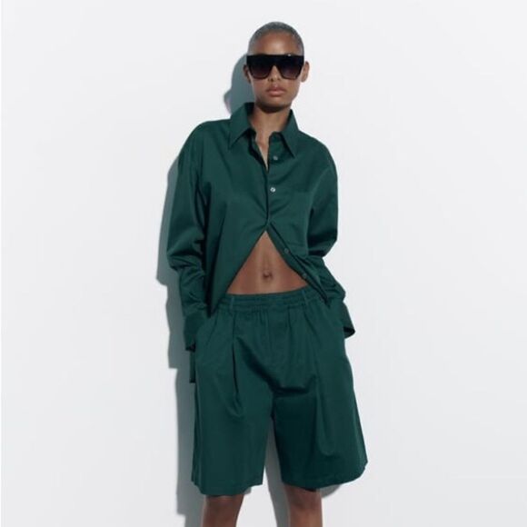ZARA POPLIN BOTTLE GREEN SET CO-ORD NEW - Picture 2 of 4